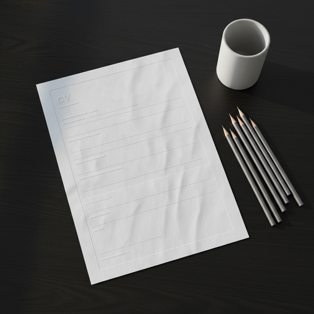 A blank sheet of paper with a CV title, surrounded by pencils and a cup.