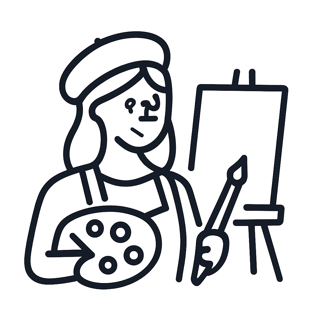 A cartoon drawing of a woman holding a paint palette, standing in front of an easel.